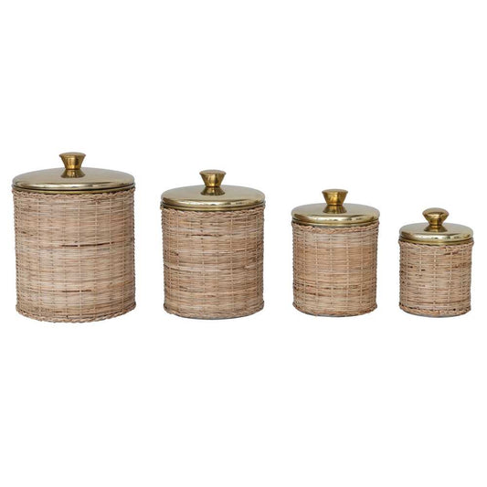 Rattan Wrapped Stainless Steel Canisters - 6.3"L x 6.3"W x 8.8"H